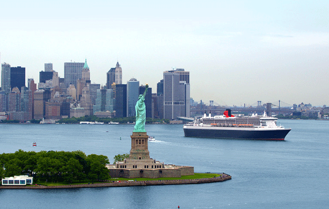 Cunard ship cruising in New York harbor past Statue of Libertyast Statue of Liberty