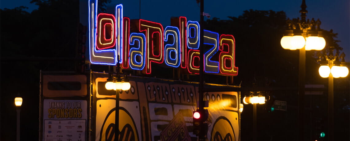 The 2018 iconic neon entrance sign to Lallapalooza in Grant Park.