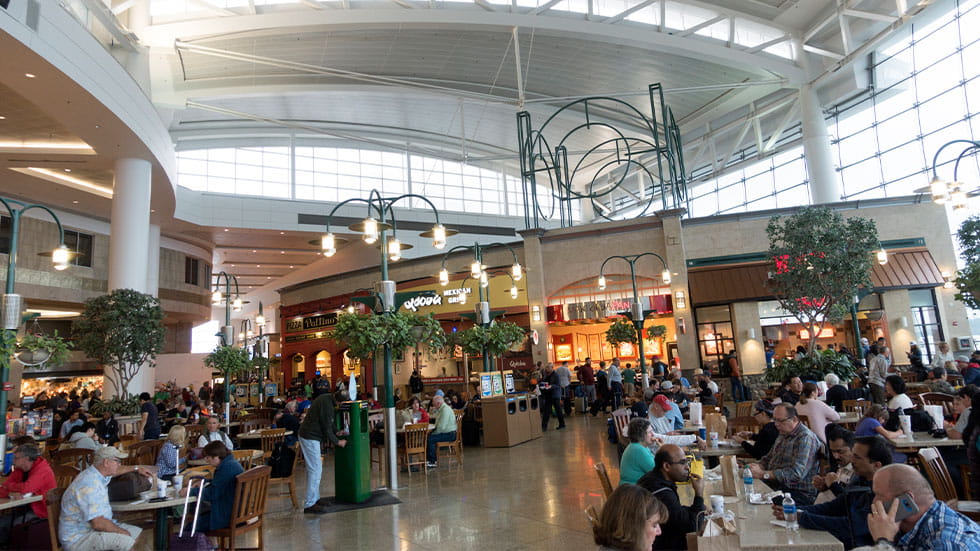People eating at food court in Seattle airport