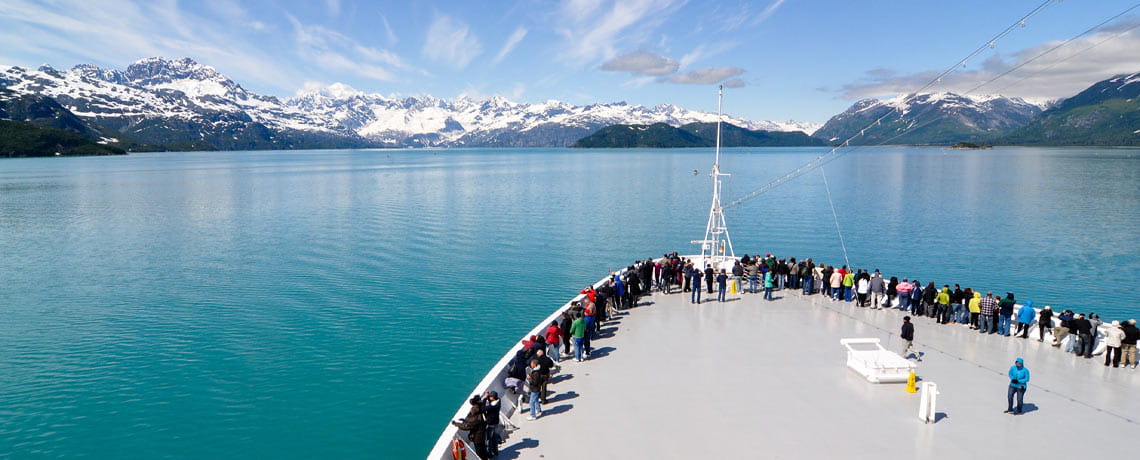 Front of Holland America’s Zaandam cruise ship sailing in Glacier Bay, Alaska