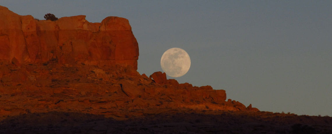 The moon rises at Chaco Culture National Historical Site