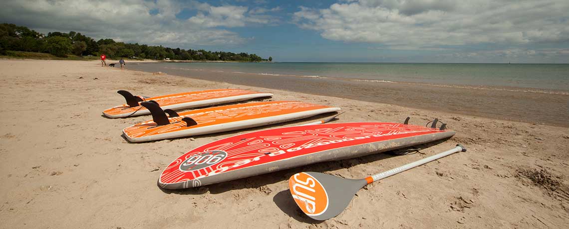 Surfboards on Lake Michigan beach in Sheboygan