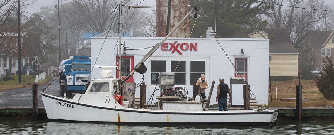 A watermen fuels up at the Smith Island oil company in Ewell.