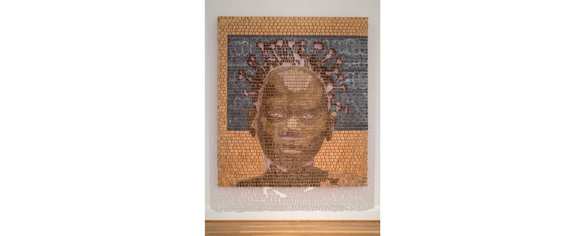 Aimé Mpane, Maman Calcule, 2013; Mural on pieces of wood 83 x 73 in.; The Phillips Collection