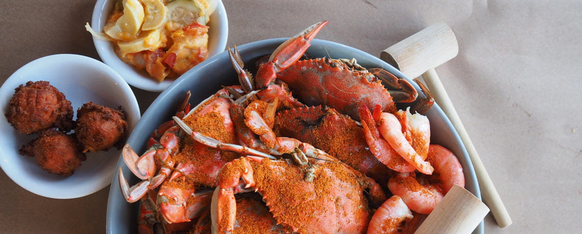 A Seafood Feast of Crabs, clams, hush puppies