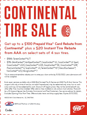 GET up to a $100 VISA GIFT CARD plus a $20 Instant Rebate on SELECT Sets of 4 SUV Continental Tires.