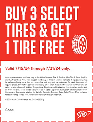 Buy three select tires and get one tire free.