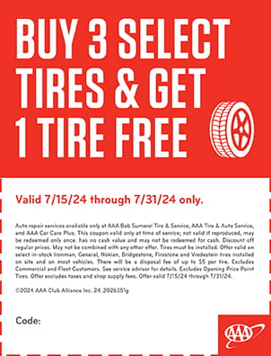 Buy three select tires and get one tire free.