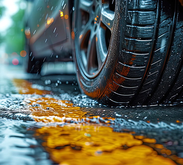 Close up of tire driving on a wet roadway.