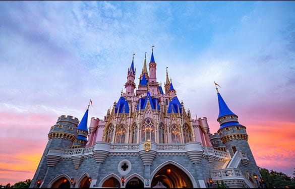 Cinderella Castle at Walt Disney World resort, at sunset