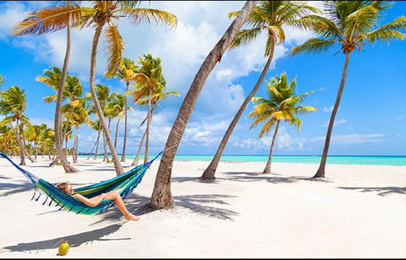 Tourist relaxing in hammock on beach with palm trees and bright sun