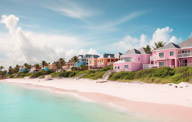 The stunning pink sand beaches of Harbour Island in the Bahamas, with its tranquil waters and pastel-colored architecture