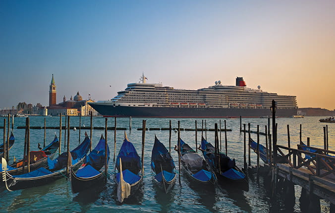 Cunard ship with gondolas in foreground