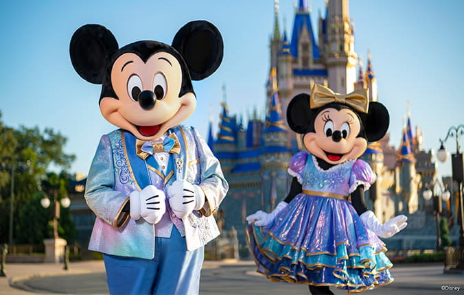 Minnie and Mickey in front of Castle for 50th Anniversary Celebration