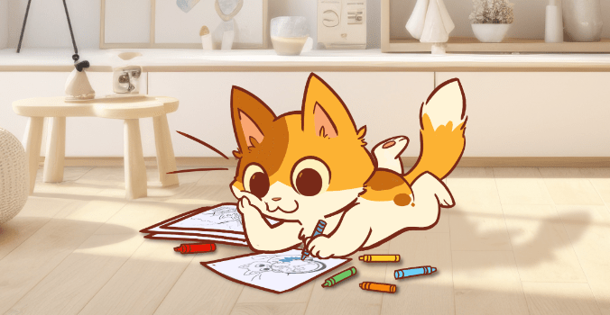 KeeKee the cat coloring in a fun activity book