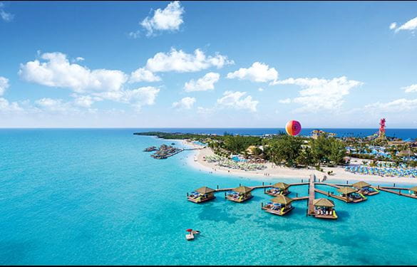 Perfect Day at CocoCay, Aerial, Coco Beach Club, drone shot over beach and ocean, cabanas, island, Up, Up, and Away balloon in distance