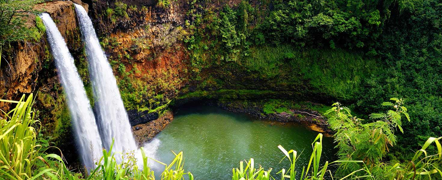 Twin Wailua Waterfalls in Kauai, Hawaii