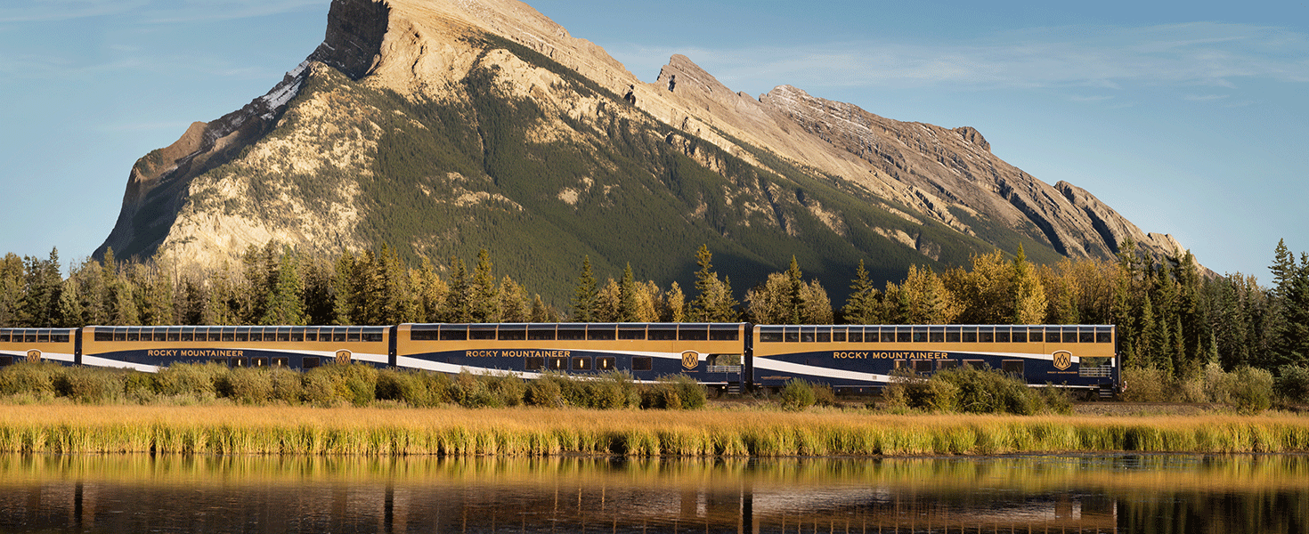 Rocky Mountaineer train traveling through Canadian Rockies