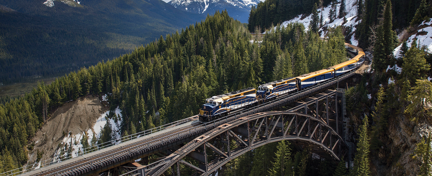 Rocky train traveling through Canadian Rockies