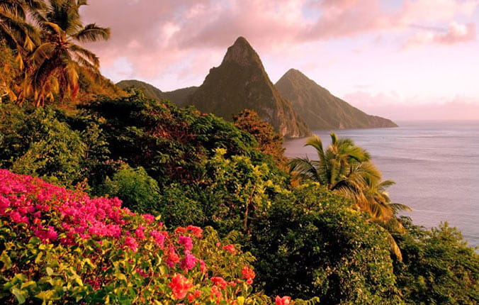 Gros Piton overlooking tropical flowers