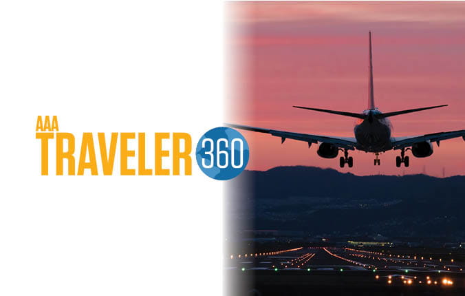 Traveler360 logo and plane arriving image