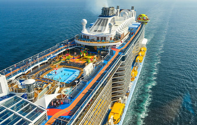 Top view of cruise ship, featuring pool deck