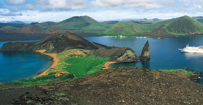 Aerial View of Galapagos Island and Cruise Ship