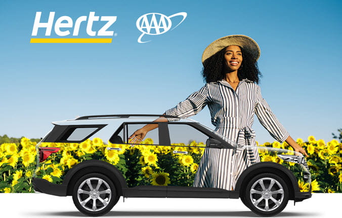 Woman in a garden of spring flowers, with a transparent car image overlay. Hertz and AAA logos.