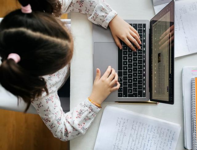 Dark-hair girl with pigtails doing homework on laptop