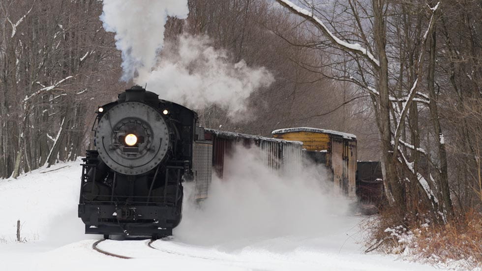 Railroad Train, Old Steam Locomotive Pulling in Winter
