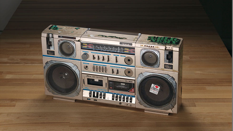 Boombox used by Public Enemy, circa 1986. Photo courtesy of the Smithsonian National Museum of African American History and Culture/Gift of Public Enemy