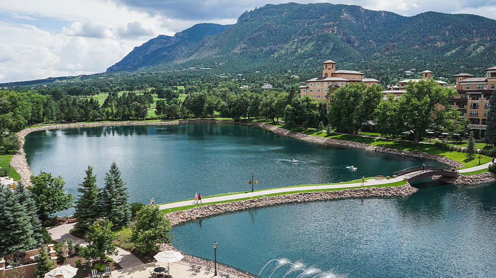 Broadmoor Hotel aerial lake and hotel view