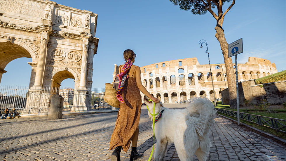 Woman walks with a dog near Coliseum in Rome