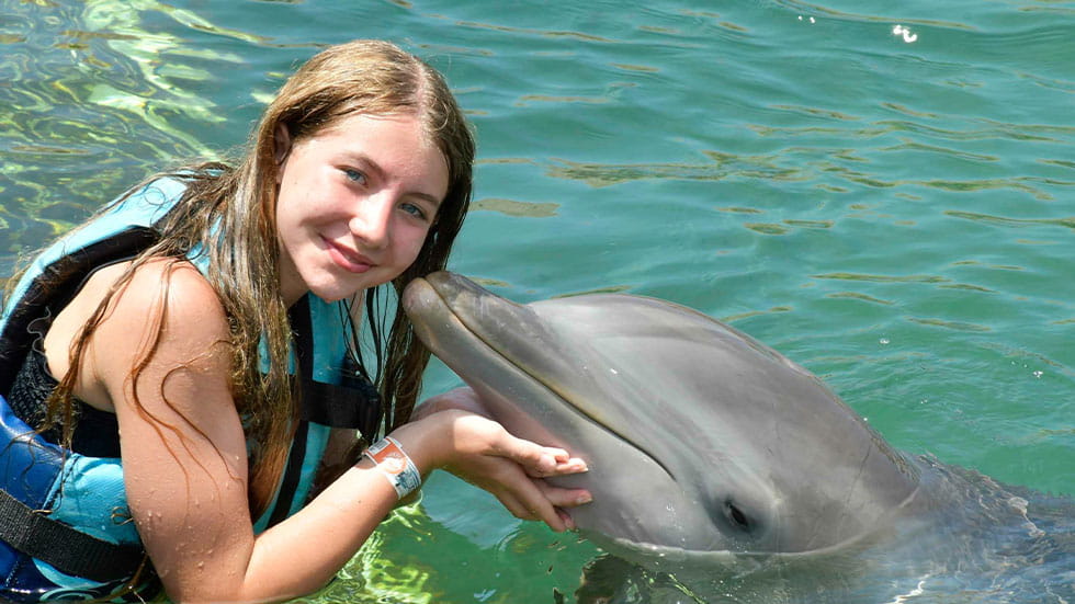 Girl in water with dolphin