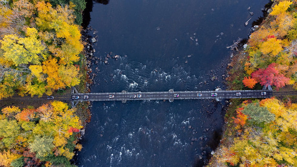 In fall, guests pedal across a 90-foot-tall trestle bridge with Revolution Rail Co. near Lake George, New York. Photo courtesy of Revolution Rail Co. 