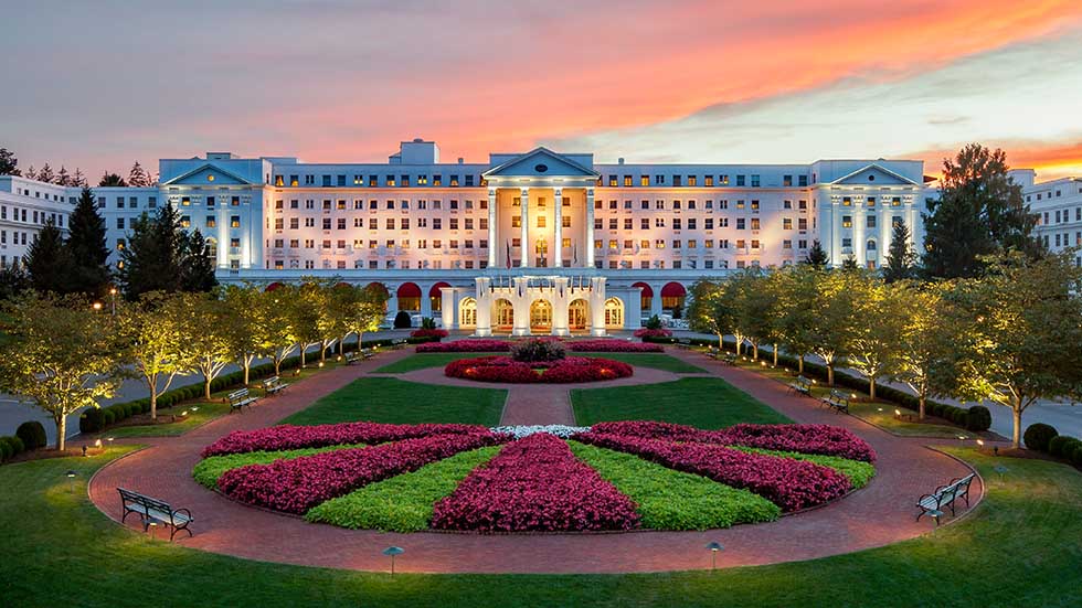 The Greenbrier Resort entrance at night. Photo courtesy of the Greenbrier Resort.