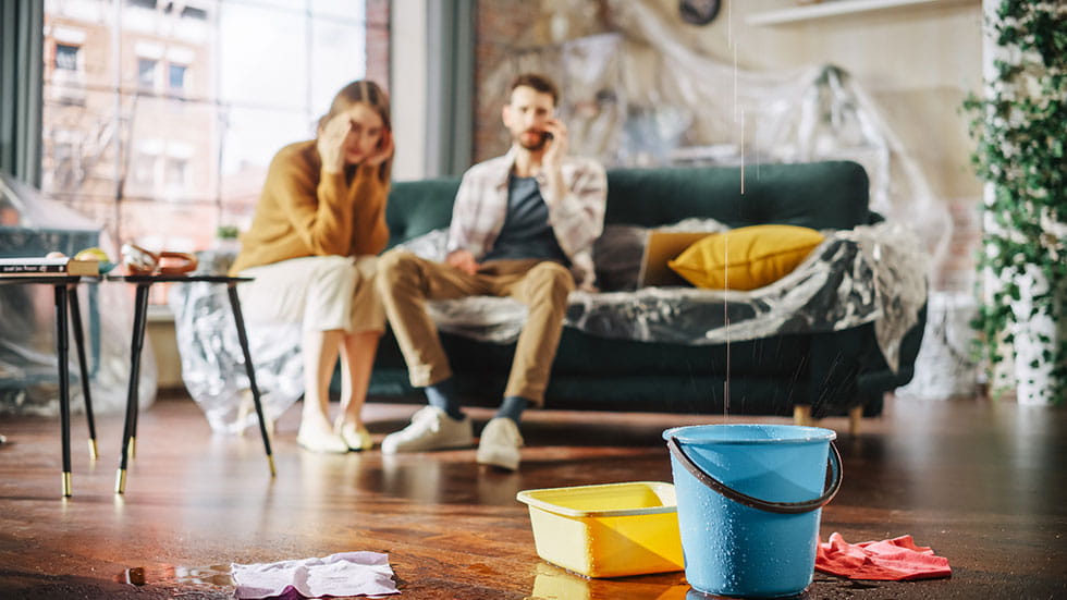 man and woman sitting on couch as water leaks from ceiling into bucket