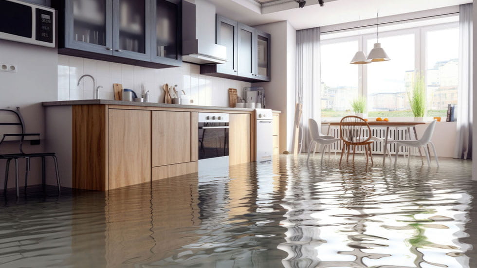 Flooded kitchen and dining area