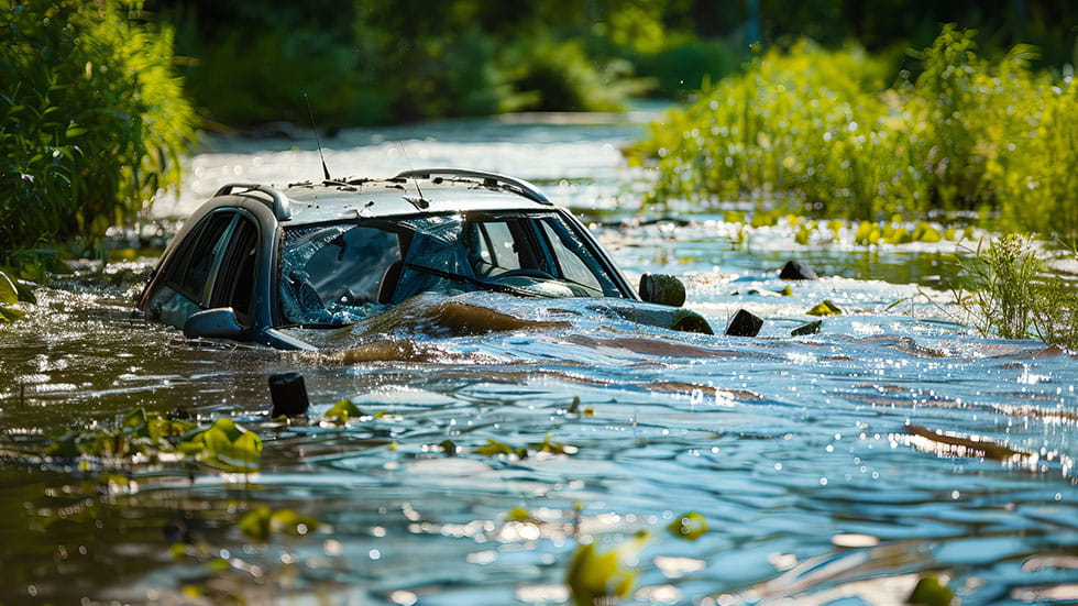 Car partially submerged in water with broken windshield