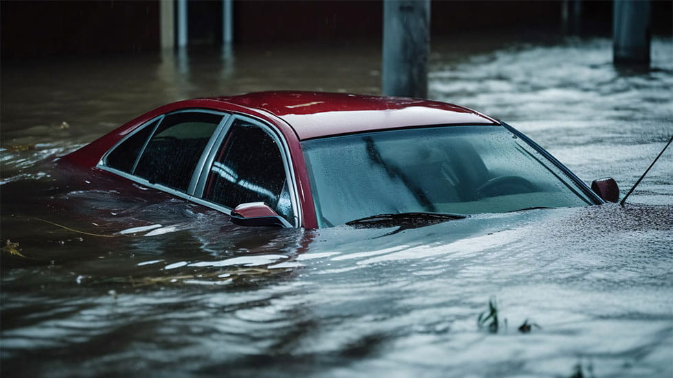 car partially submerged in water