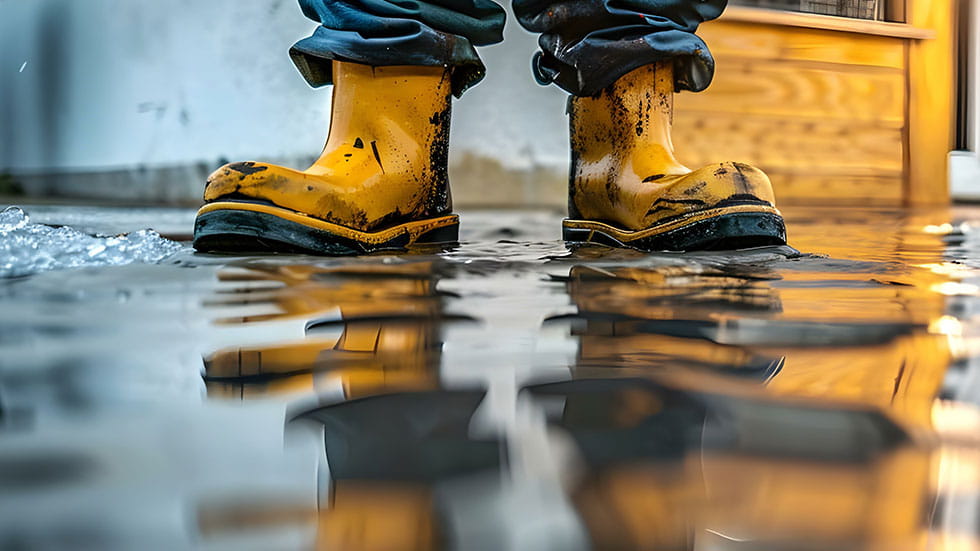 wearing rubber boots in flooded basement