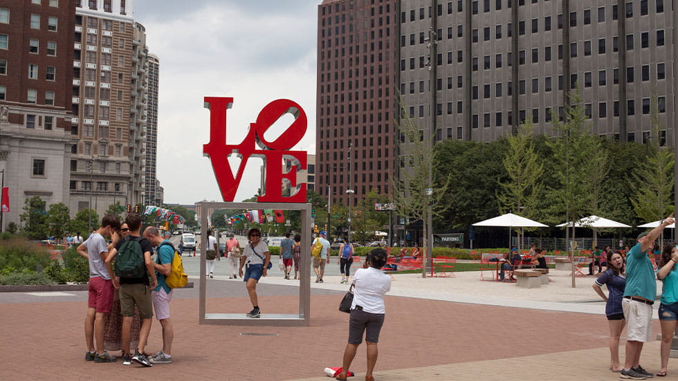 tourists at Love Park in Philadelphia