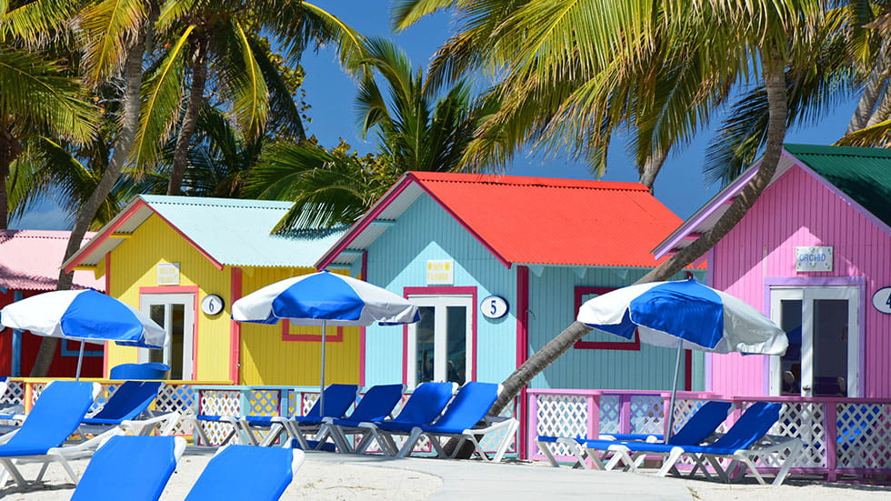 Eleuthera Bahamas Colorful bungalows on Princess Cays beach