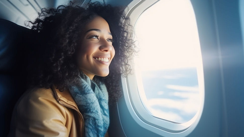 girl smiling looking through plane window