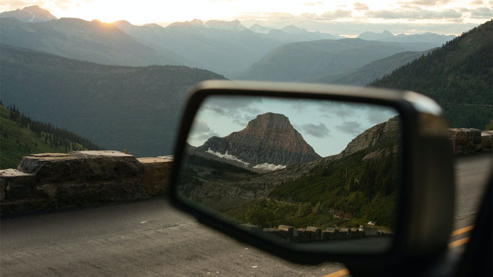 Mountains of a National Park in a rearview mirror
