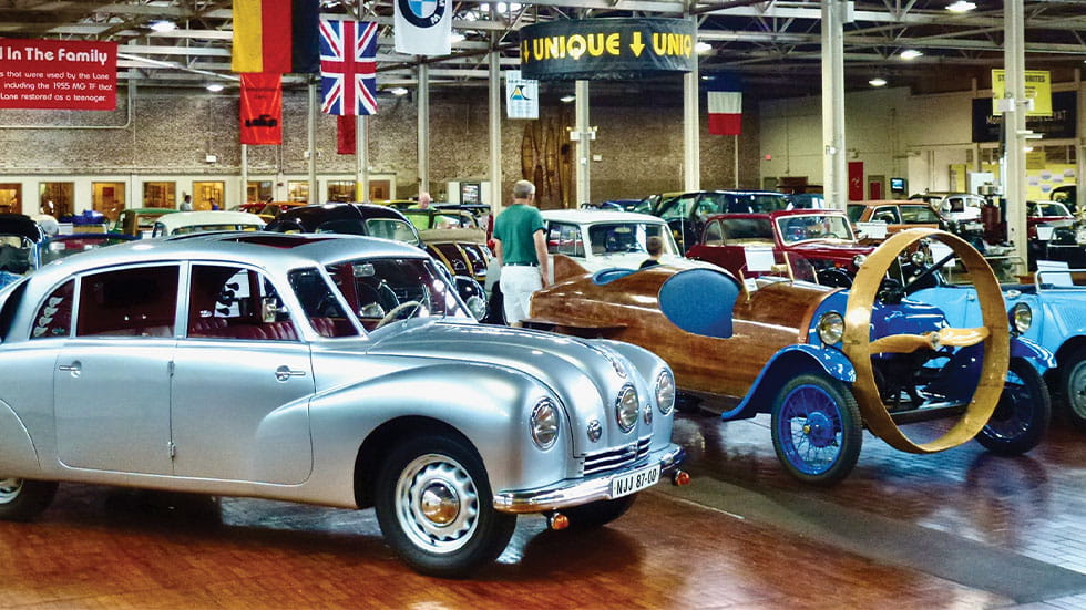 A Czech 1947 Tatra T-87 Saloon and French 1932 Helicron at the Lane Motor Museum