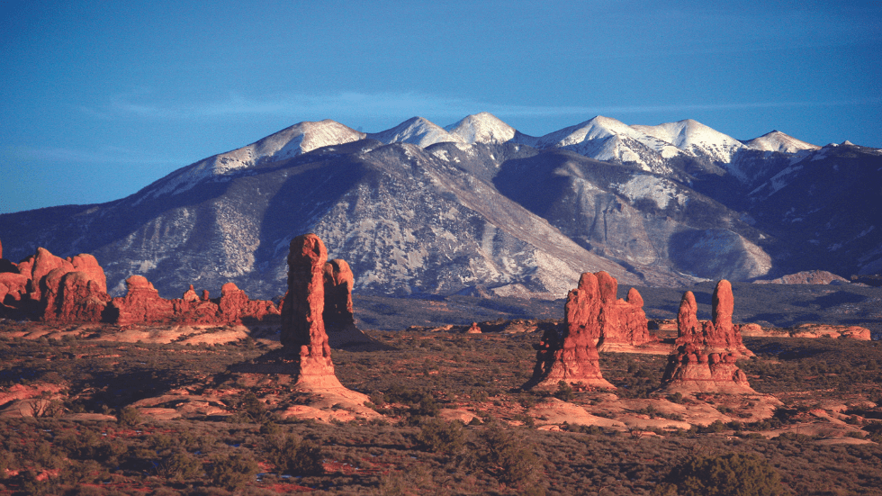 Utah’s Arches National Park and the mountains of Manti-La Sal National Forest