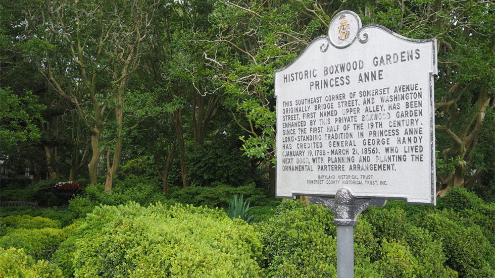 Princess Anne’s historic boxwood gardens historic sign