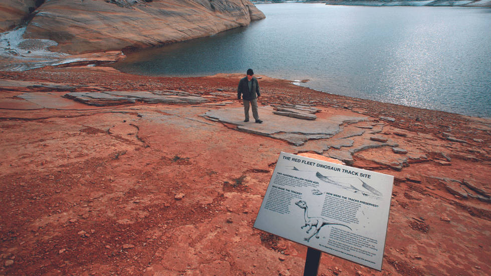 Red Fleet State Park’s dinosaur trackway is preserved in the slickrock shore of its reservoir