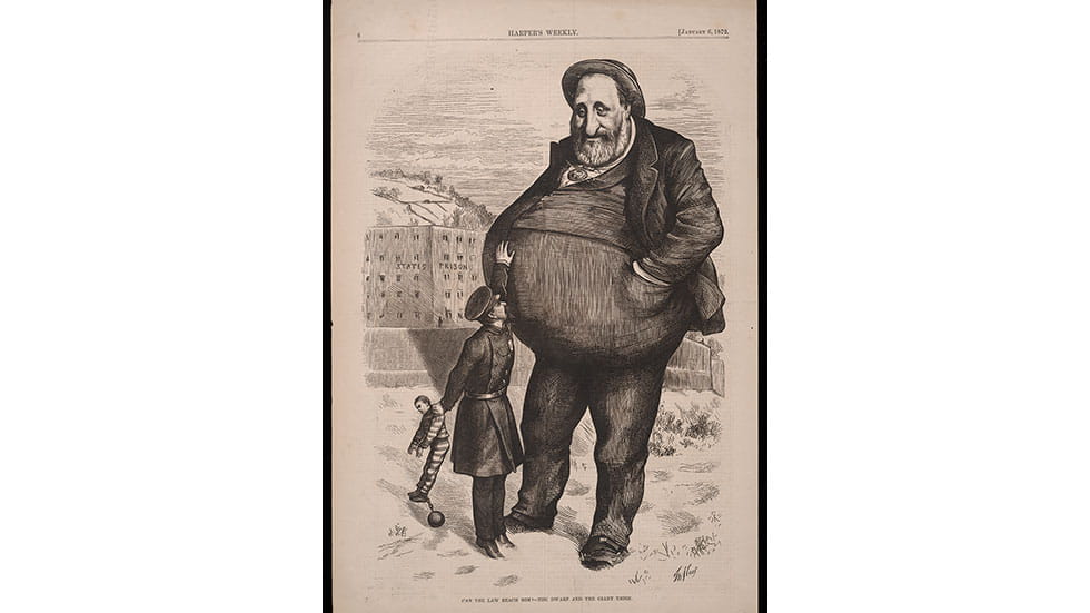 The Boss Tweed-focused cartoon “Can the law reach him? The dwarf and the giant thief” by Thomas Nast was published in the 1870s. Courtesy of The Ohio State University, Billy Ireland Cartoon Library & Museum